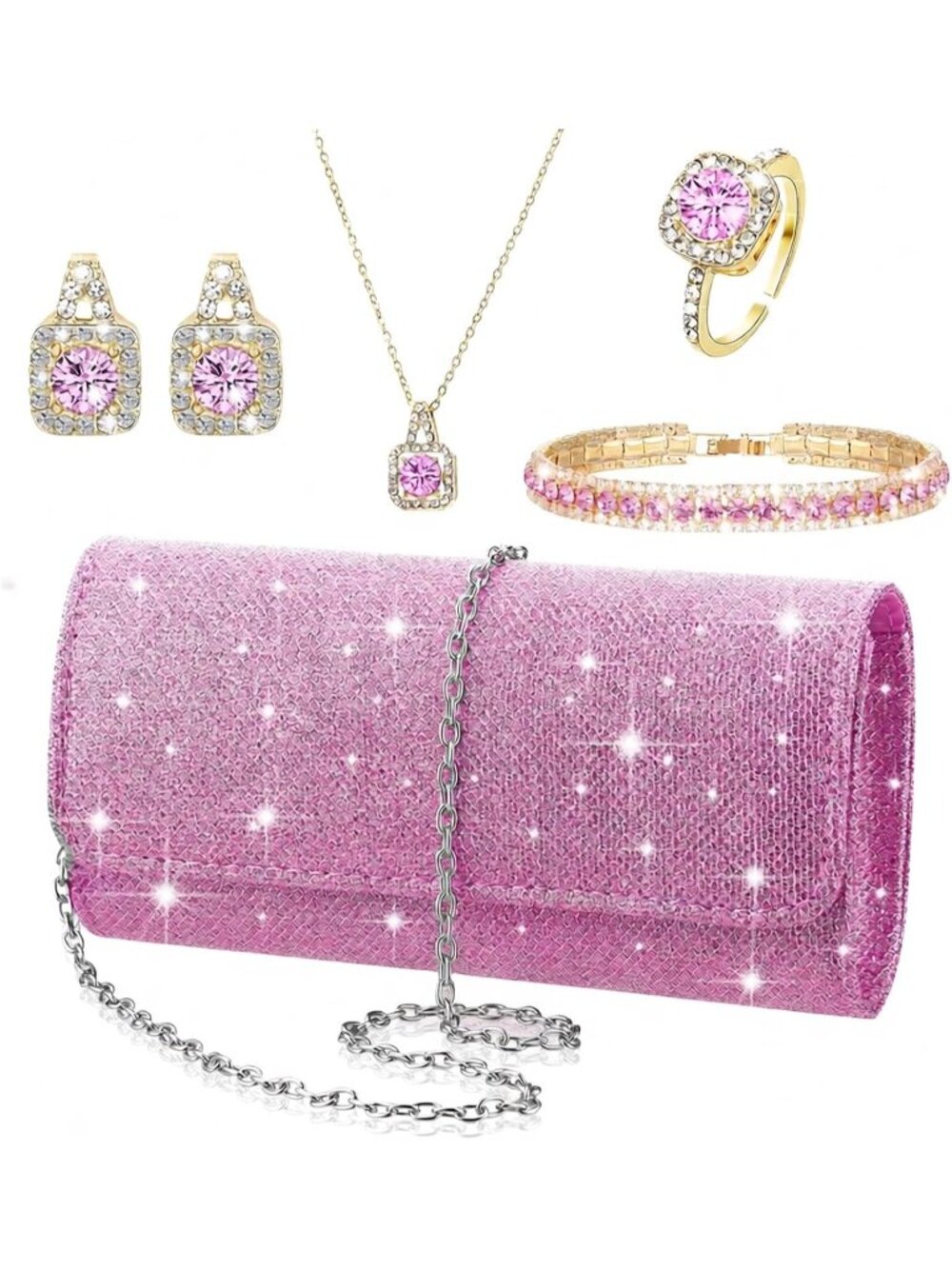 〽️Women Pink 5pc Rhinestone Jewelry Set Crystal Bride Wedding Prom Clutch Purse